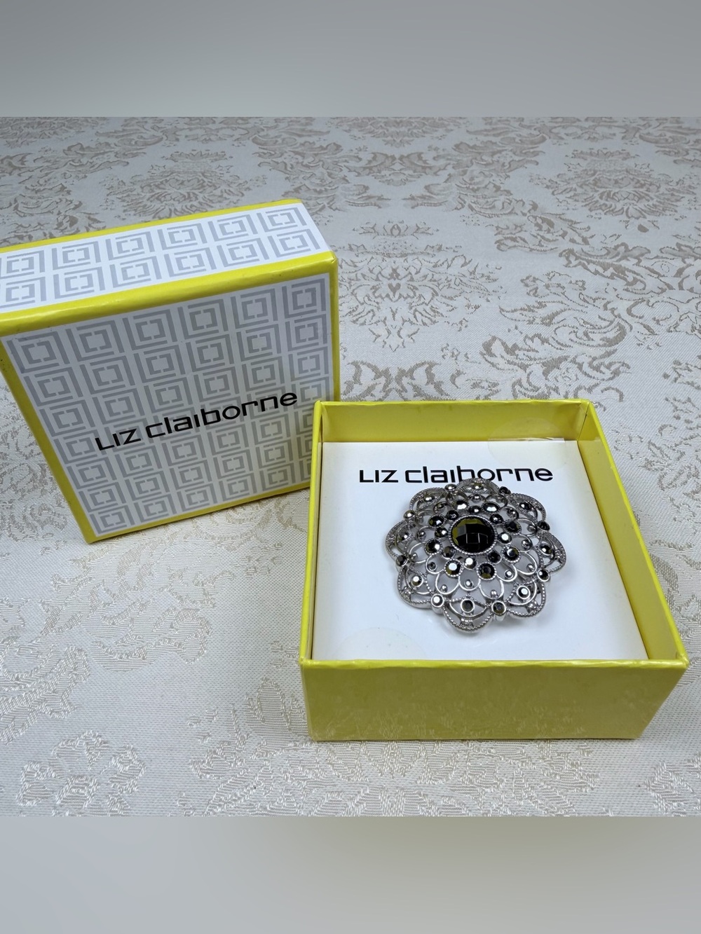Liz Claiborne Floral Filigree Brooch NIB, Statement, Silver Tone